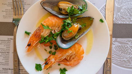 Delicious Seafood Delights A Culinary Symphony of Shrimp and Mussels for Fine Diningの写真素材