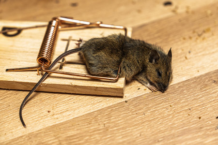 Caught in the Act A Mouse Trapped on a Wooden Floor, Rodent Control and Preventionの写真素材