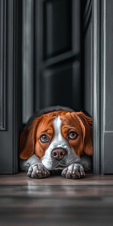 Charming Beagle Dog Portrait in Doorway, Close-Up of Expressive Eyes and Playful Personalityの素材
