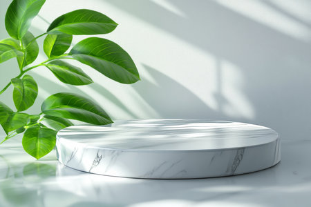Elegant Marble Display with Soft Lighting and Green Leaves for Stylish Product Showcaseの素材