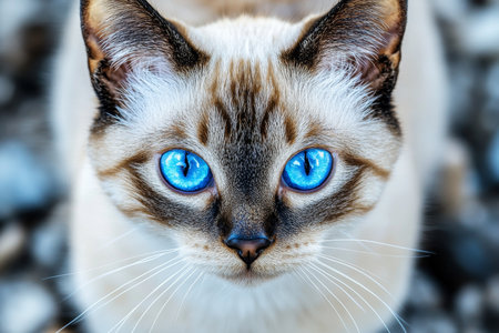 Hypnotic Cat Portrait Striking Blue Eyes and Unique Expression Captured in Stunning Detailの素材