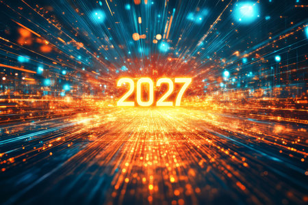 Abstract digital network background with number 2027 symbolizing future technology trends and speedの素材