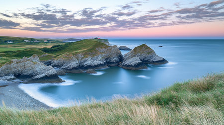 Stunning Sunset Over a Rugged Coastal Landscape with Cliffs and Shimmering Ocean Waters Belowの素材