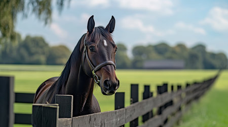 Majestic Quarter Horse with Serene Expression, Relaxing by Fence in Lush Green Pasture Landscapeの素材