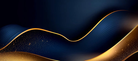 Luxurious Navy Blue and Dark Gold Abstract Background with Glittering Lines and Elegant Shapesの素材