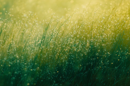 Breathtaking Scenic View of a Softly Blurred Meadow with Green and Pale Yellow Hues at Sunsetの素材