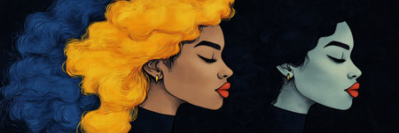 Colorful Artistic Portrait of Diverse Women with Unique Hair Colors Celebrating Unity and Beautyの素材