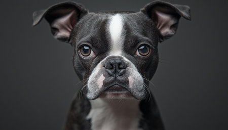 Adorable Boston Terrier Puppy with Expressive Eyes Gazing Curiously in a Calm Studio Settingの素材