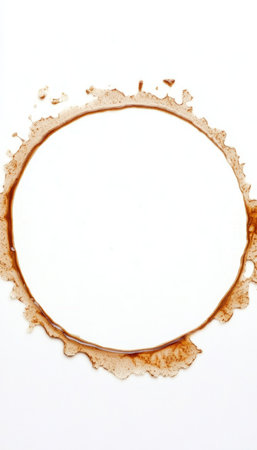 Isolated Coffee Stain Ring Mark on White Background with Rough Border and Beverage Residue Messの素材