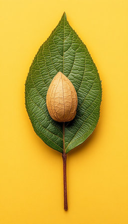Minimal Still Life Composition Featuring Brown Almond on Green Leaf Against Bright Yellow Backgroundの素材