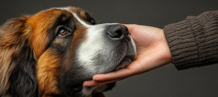 Saint Bernard Dog Displaying Affection in Studio Photography with Gray Backdrop, Lovable Expressionの素材