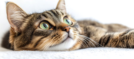 Charming Tabby Cat Relaxing Comfortably on a Soft Surface, Eyes Brightly Gazing Up with Serenityの素材