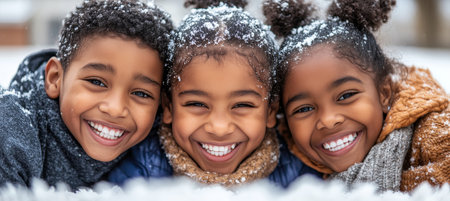 Joyful Children Playing in a Winter Wonderland, Building Snowmen and Enjoying the Snowy Dayの素材