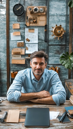 Creative Man Working in His Studio Surrounded by Art Supplies, Laptop, and Inspirational Plansの素材