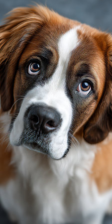 Charming Saint Bernard Dog with Expressive Eyes Captivates Against a Soft Gray Backgroundの素材