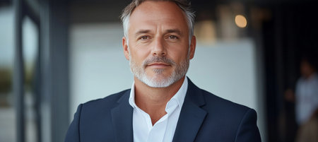 Confident Middle-Aged Business Executive in a Sharp Suit Exuding Trust and Professionalismの素材