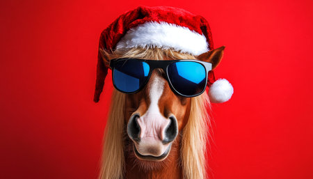 Festive Animal Portrait with Stylish Sunglasses and Cheerful Santa Hat for a Whimsical Christmas.の素材