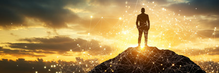 Silhouette of a visionary business professional at sunset summit overlooking a digital landscapeの素材