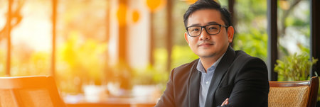 Confident Asian businessman in smart suit and spectacles sitting in a modern office environment.の素材