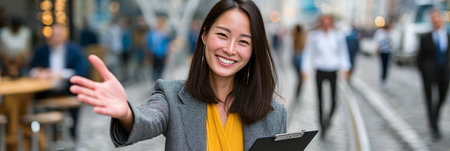 Smiling Asian businesswoman greeting colleagues outdoors, exuding confidence and positive energy.の素材