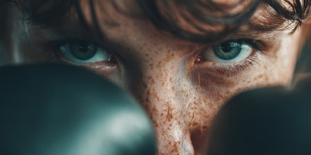 Determined Female Boxer Preparing to Counterattack with Focused Eyes and a Defiant Expressionの素材
