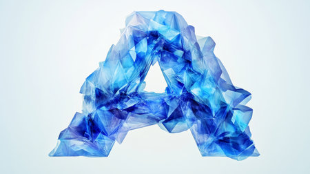 Abstract Blue Letter A Gemstone Prism Design Against White Background with Crystallized Alphabetsの素材