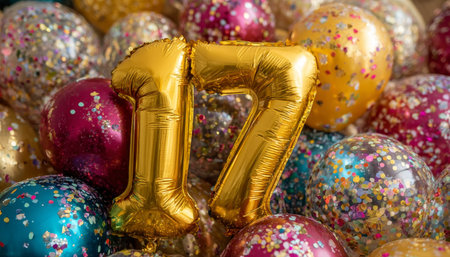 Joyful Seventeenth Birthday Celebration with Shiny Golden Balloons and Colorful Confetti Decorの素材