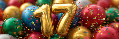 Joyful 17th Birthday Celebration with Shimmering Number Balloons and Colorful Confetti Everywhereの素材
