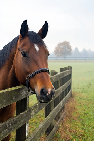 Majestic Quarter Horse Grazing Peacefully in Lush Green Pasture on a Serene Autumn Day at Farmの素材