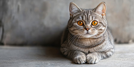 Playful Grey Shorthair Cat with Striking Amber Eyes Relaxing Comfortably on a Cozy Floorの素材