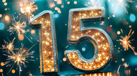 Fifteenth Anniversary Celebration Silver Number 15 with Emerald Background and Festive Fireworksの素材