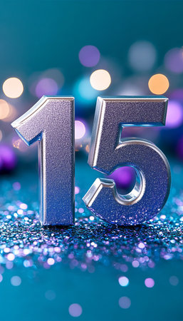 Shiny Metallic Number Fifteen on Turquoise Background with Decorative Spots for Celebrationsの素材