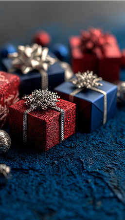 Festive ambiance with red and blue gifts arranged beautifully on a textured surface for holidaysの素材