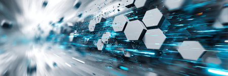 Futuristic 3D Hexagonal Technology Background with Bright Blue Energy Flashes and White Surfaceの素材
