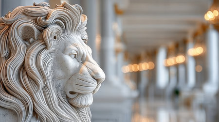 Majestic Marble Lion Statue in a Grand Hallway, Captivating Elegance and Timeless Artwork Displayの素材