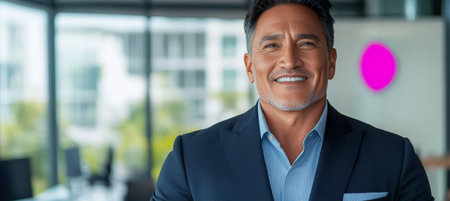Confident Hispanic Businessman Smiling in Modern Office, Showcasing Success and Professionalismの素材