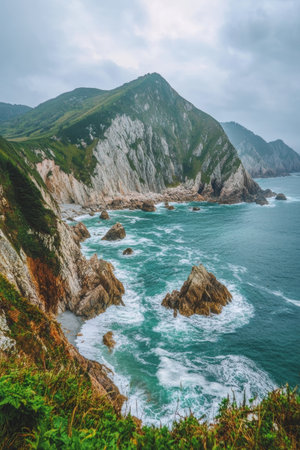 Stunning Coastal Scene with Rugged Cliffs and Turquoise Waves Crashing Below, Perfect for Travelの素材