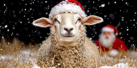Cheerful Smiling Sheep in Santa Hat on Snowy Hill, Ideal for Christmas Cards and Holiday Decorの素材