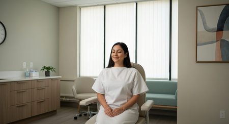 Woman Patient in Clinic Waiting for Medical Exam, Feeling Hopeful and Calm with Anticipationの素材
