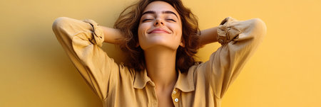 Girl Enjoying a Relaxed Mood Indoors with Soft Yellow Background and Natural Light on Her Faceの素材