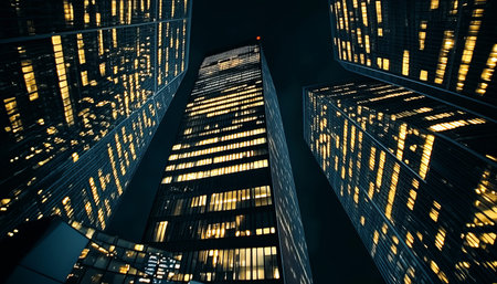 Stunning Ultra-Modern Nighttime Cityscape with Shimmering Skyscrapers and Vibrant Urban Lightsの素材