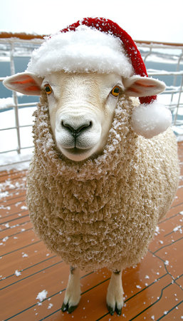 Close-up Portrait of a Cozy Sheep Wearing a Festive Santa Hat on a Snowy Ship Deck During Winterの素材