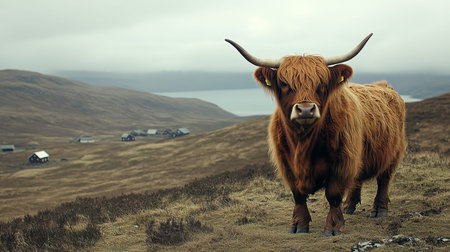 A highland cow grazes on a hillside, surrounded by beautiful, serene natural landscapes.の素材