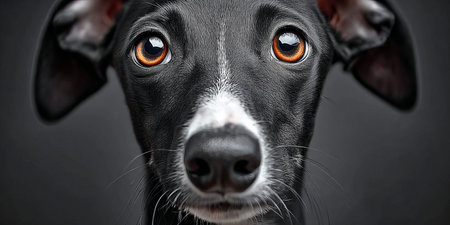 Charming Greyhound Puppy with Amber Eyes Poses Elegantly Against a Soft Gray Studio Backgroundの素材