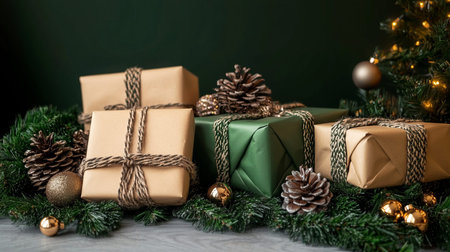 Joyful Christmas Celebration with Festive Gift Wrapping, Pinecones, and Holiday Decorations in Frameの素材