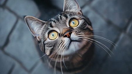 Stunning Portrait of an Ocicat with Striking Eyes and Graceful Posture on a Subtle Gray Backgroundの素材