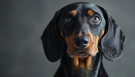 Charming Close-Up of a Black and Tan Dachshund Puppy on a Neutral Background, Pure Adorablenessの素材