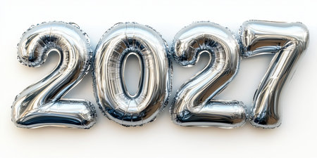 Shiny Silver Metallic Foil Balloons Shaping the Year 2027 for a Joyful New Year Celebrationの素材
