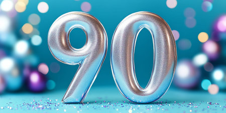 Stunning Silver 90 Symbol Gleaming Brightly on a Turquoise Background with Vibrant Colorful Sparksの素材