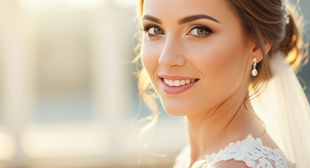 Beautiful Bride Poses in Natural Light, Radiating Elegance and Confidence on Her Special Dayの素材